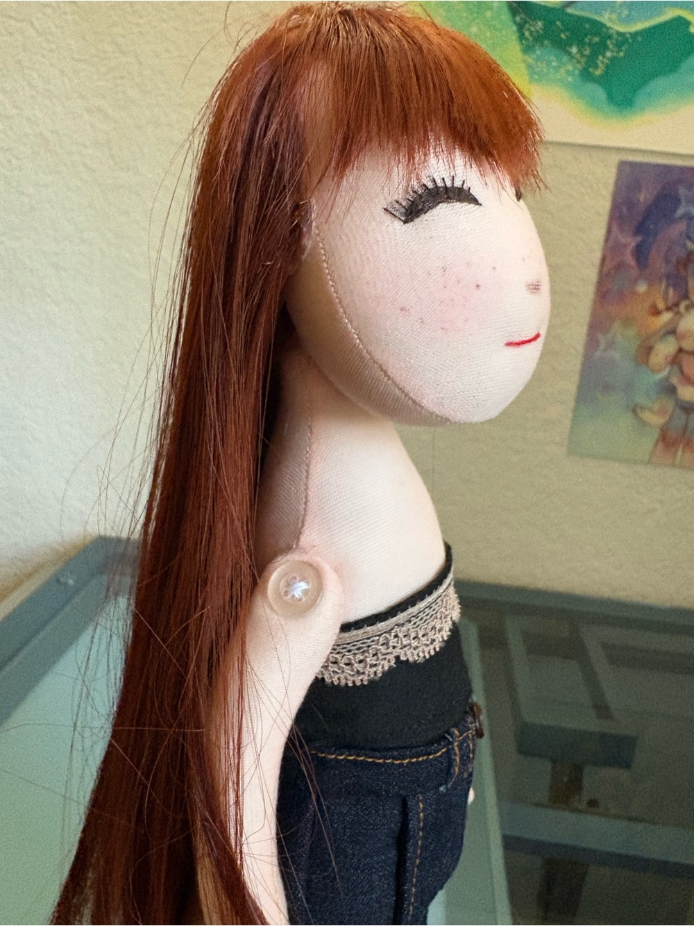 Handmade Brown-Haired Cloth Doll with Black Outfit - Picture 10 of 13